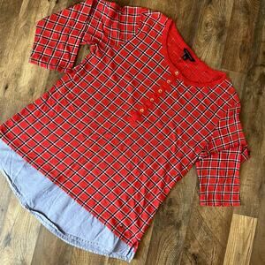 Tommy Hilfiger Women's Red Plaid 3/4 Sleeve Top L
